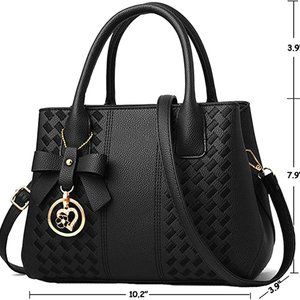 Black foe-Leather Satchel Handbag w/ Charm